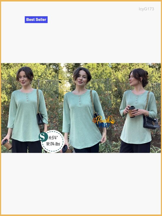 3/4 Sleeve Tunic Top, Crew Neck, Loose Fit, Polyester Spandex Blend - Picture 6 of 7